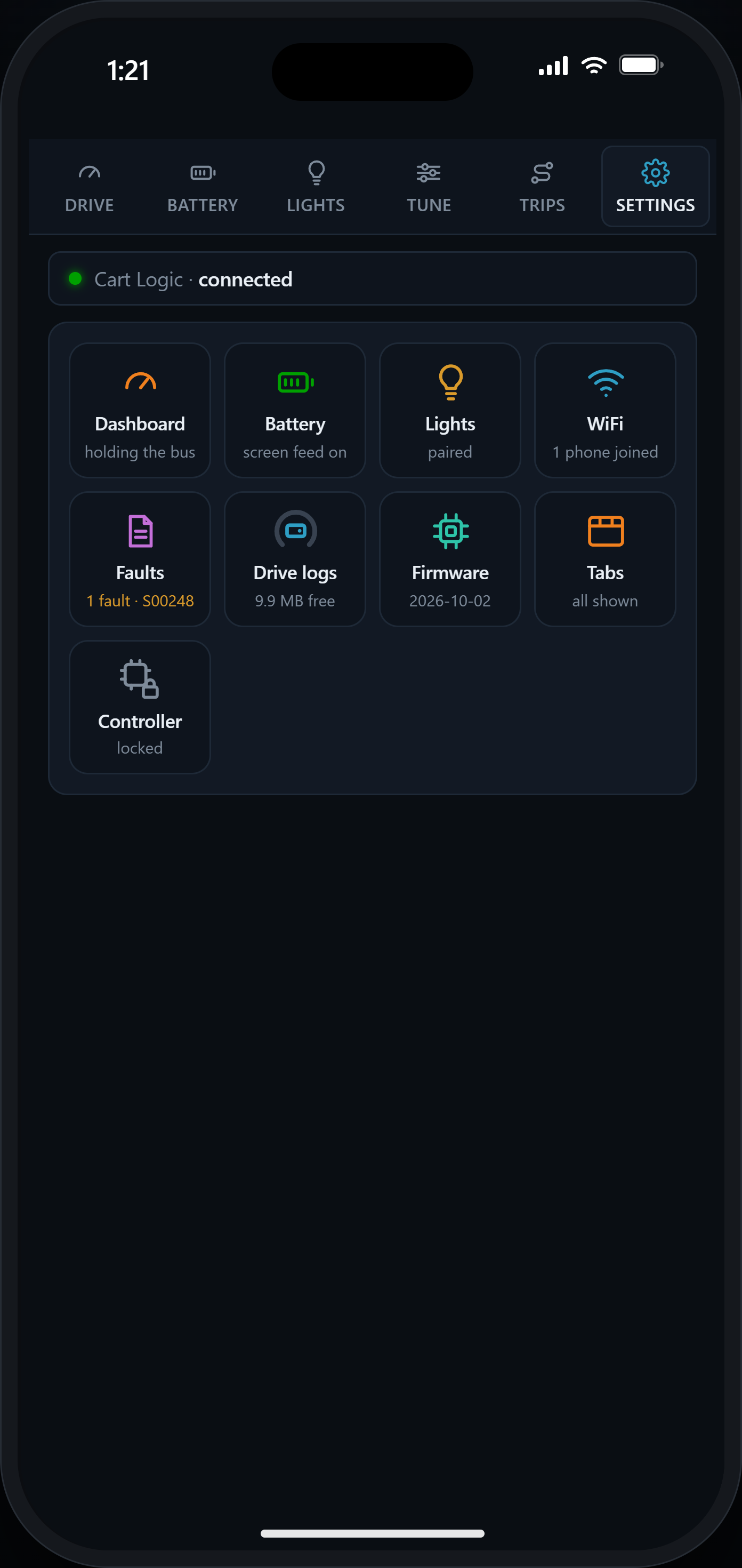 The Settings tab: eight tiles for dashboard, battery, lights, WiFi, faults, drive logs, firmware and tabs, each with a one-line status