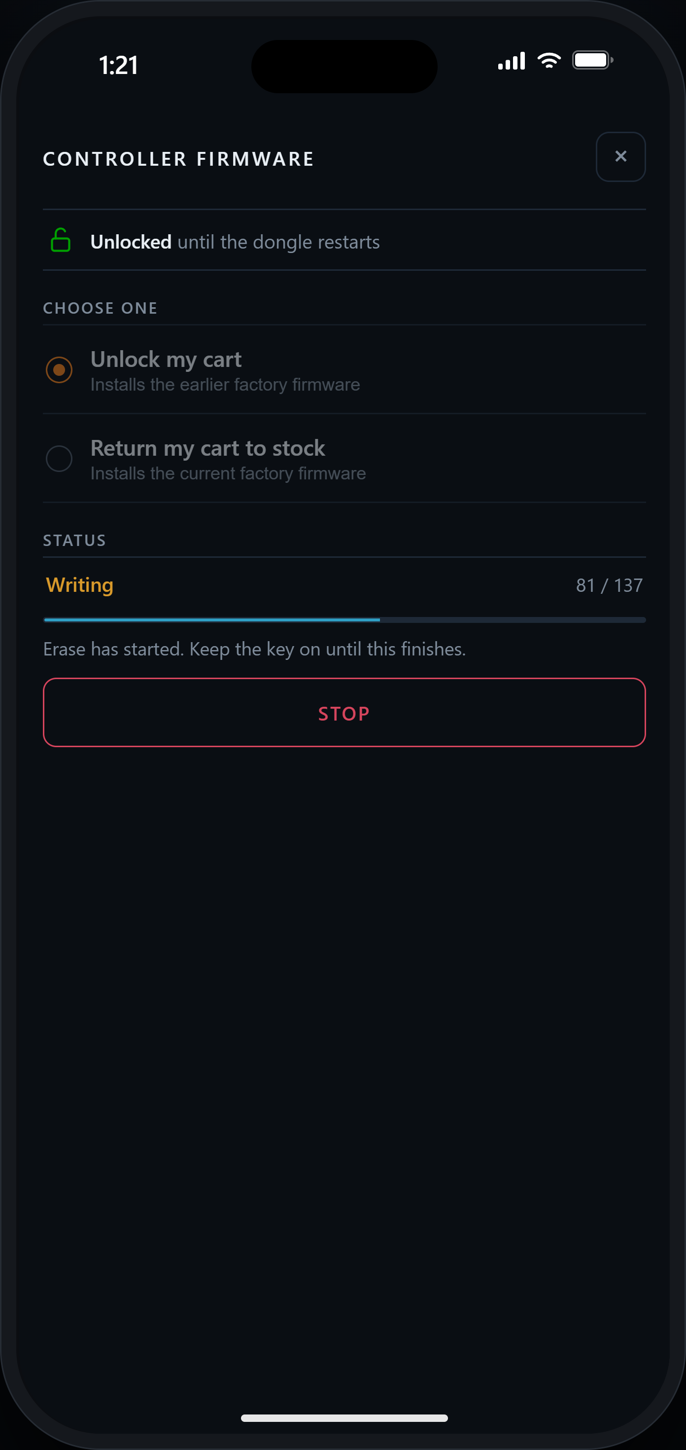 The Controller firmware screen: Unlock my cart selected, writing to the controller with a progress bar part way
